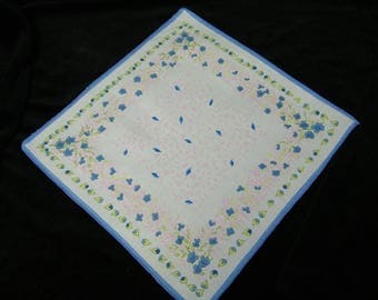 Vintage 1940's 10 1/2" Blue & Pink Floral Wedding, Bridesmaid Handkerchief, Pocket Square or Doily, 9835