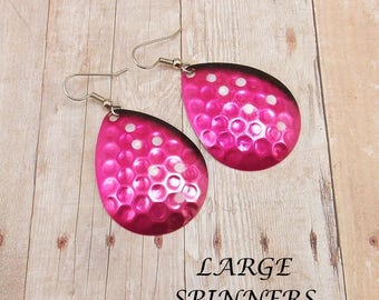 Earrings - LARGE Spinners - Fishing Lures - Spoons - Hot Pink and Black with White Polka Dots - Silver Back - Hammered - Fuchsia