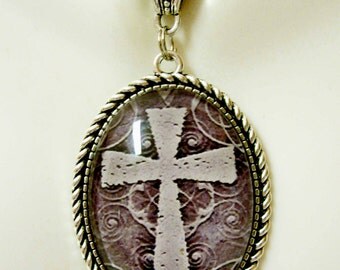 Lavender on purple cross pendant and chain - AP09-701