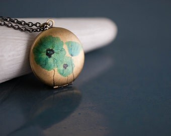 Flower Necklace, Blue Poppy Flower Locket, Smooth Antiqued Long Chain Necklace, Poppy Pendant, Blue Jewellery, Long Blue Turquoise Poppy