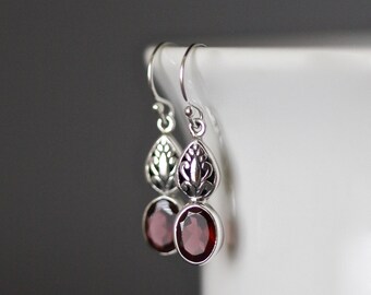 Garnet Earrings - Bali Silver Earrings - Garnet Jewelry - January Birthstone - Bali Silver Jewelry - Silver Charms - Silver Filigree - Gift