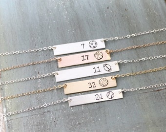 Sports Bar Necklace. Hand Stamped Custom Athlete Bar. Mother's Gold Bar Necklace, Team Mom Jewelry. Football, Basketball, Baseball Jewelry
