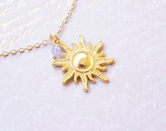 Necklace, Gold Necklace, Sun Necklace, Crystal Necklace, Rapunzel Necklace, Tangled, Swarovski Crystal, Lavender Crystal, Gold Sun Pendant