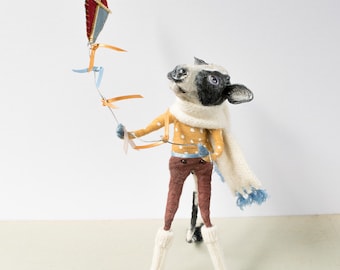 Handmade black and white cow OOAK art doll. Kite flying. Vintage inspired. Heirloom ornament. Mothers day gift. Farm animal. Gift for farmer