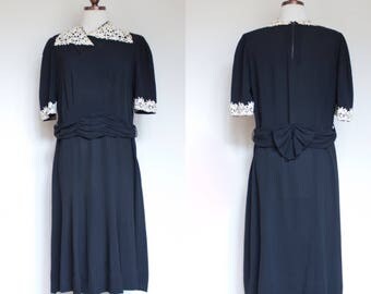 vintage 1930s black and white day dress / 30s 40s rayon afternoon dress with floral applique lace / L