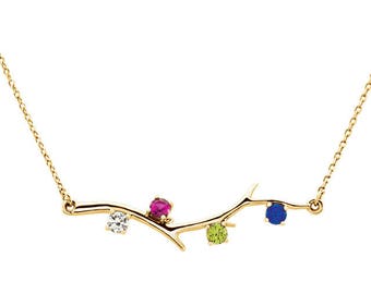Personalized Family Tree Branch Necklace - Mother's Day Gift. Choose 1-5 Birthstone Gemstones. 14k, 18k Yellow, White, Rose Gold, Platinum