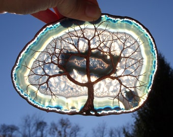 Copper Wire Tree Of Life Metal Wall Art Sculpture Garden Ornament On A Blue Agate Geode Stone Crystal Suncatcher