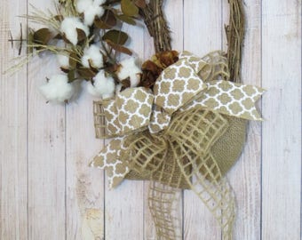 Rustic Heart, Cotton Wreath, Rustic Decor, Cotton Boll Wreath, Farmhouse Decor, Grapevine Heart, Any Season Wreath