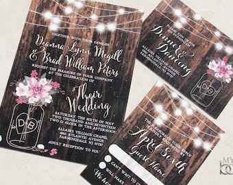 Mason Jar, flower, fairy lights Wedding Invitations.