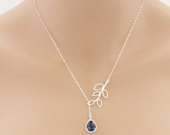 Lariat Silver Leaf Blue Sapphire Necklace Tear Drop Birthstone Birthdays Weddings Special Occasions