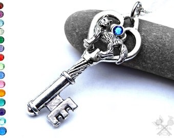 Arctic Fox Necklace / Personalized Birthstone Necklace / Personalized Birthday Gifts / Skeleton Key Necklace / Key to my Heart Necklace