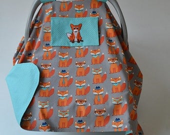 Baby Boy Car Seat Canopy READY TO SHIP Blue Gray Orange Fox Baby Shower Newborn Car Seat Cover Infant Car Seat Cover Baby Gift Baby Boy