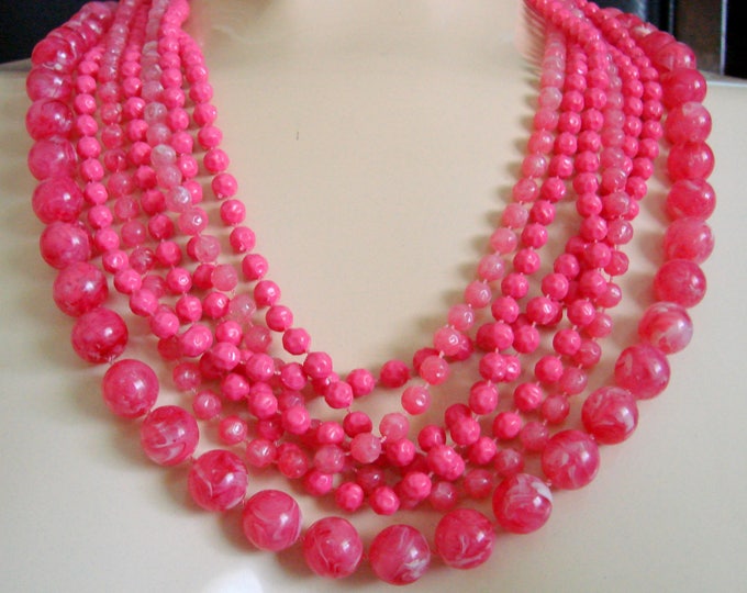 1960s Mid Century Hot Pink Bead Bib Necklace / Multi-Strand / Decorative Clasp / Vintage Jewelry / Jewellery