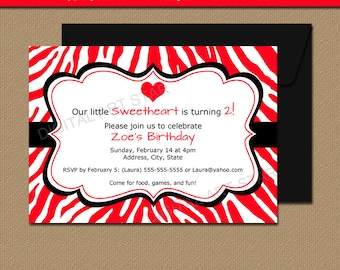 Red Zebra Valentines Day Invitations, Kids Valentine Birthday Invitation Template, EDITABLE Girl Birthday Invitations Instant Download