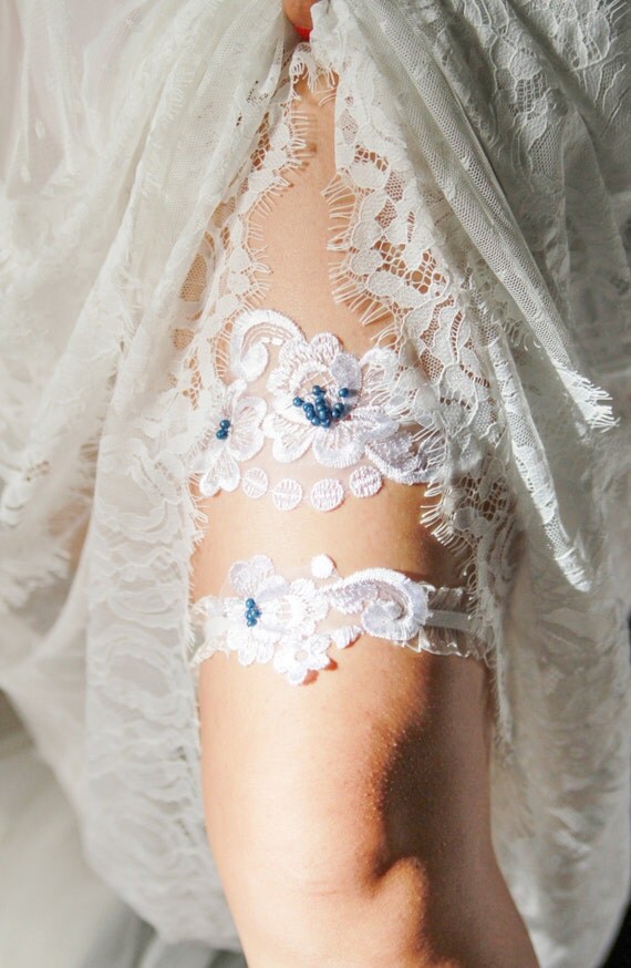 Wedding Garters For Bride Bridal Lace Garter Set Floral Leg Ring With Hand Sewn Faux Pearls White