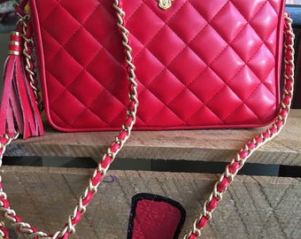 Disney Does Chanel Red Quilted Chain Strap Mickey Mouse Purse Shoulder Bag Sidebag Clutch-Vintage-80's-1980's-Tassel-Cross Body Bag