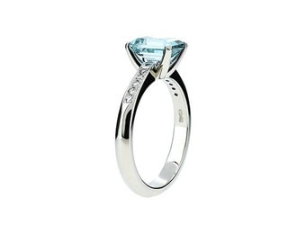 Emerald cut aquamarine ring, aquamarine engagement ring, diamond ring, solitaire, white gold, blue engagement, wedding ring, vintage style