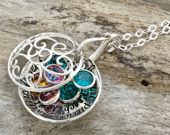 Mother Necklace Personalize Gift / Hand Stamped Sterling Silver Jewelry / Mom Personalized Birthstone Necklace / Cup of Love Filigree Locket