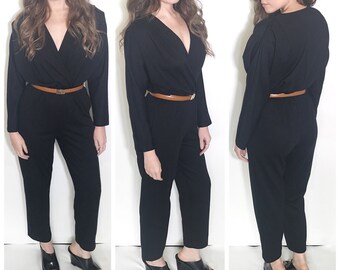 Vintage 80s black wrap front jumpsuit pantsuit romper size 8