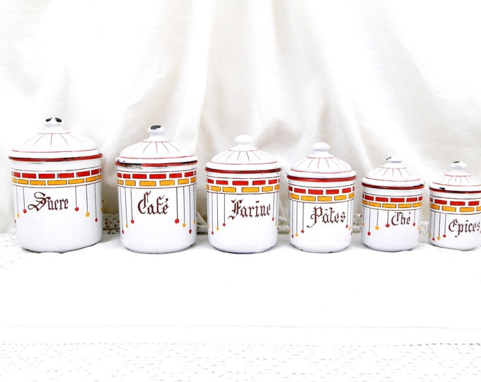 Rare Antique 6 Piece Set French White Red and Yellow Art Nouveau Enamelware Canister Set, Enamel Country Farmhouse Kitchen Decor from France
