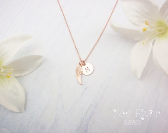 Personalized rose gold angel wing necklace. Choose gold, silver or rose gold. Dainty angel wing rose gold necklace