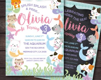 Cat Invitation, Mermaid Invitation Birthday, Kitty cat birthday invitation, Kitten Invitation, Under the Sea Invitation, 2 options, DIGITAL