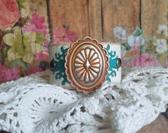 Turquoise & Orange SuNbuRsT Concho Leather Cuff Bracelet> Native Style Jewelry/ Southwestern/ Western Jewelry/ Country Boho Gypsy/ Wristband
