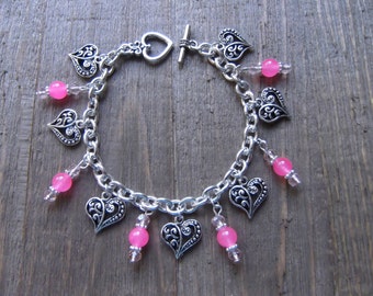 Pink Jade Filigree Heart Bracelet - Heart Bracelet, Silver Heart Bracelet, Silver Heart, Valentines Day, Romantic Bracelet, Love Bracelet