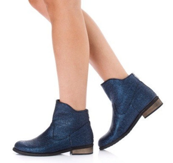 blue leather booties ladies