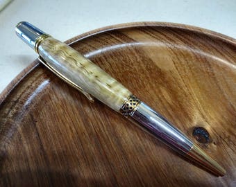 Curly Eucalyptus Hand Turned Sierra Style Grey Titanium & Gold Titanium Twist Ballpoint Pen