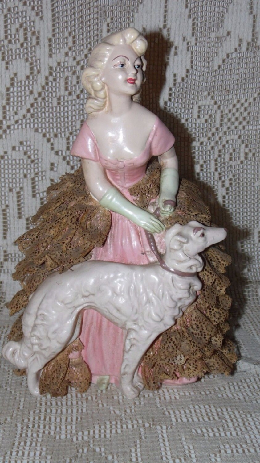 Vintage Chalkware Lady With Lace Dress And Dog Hound Figurine
