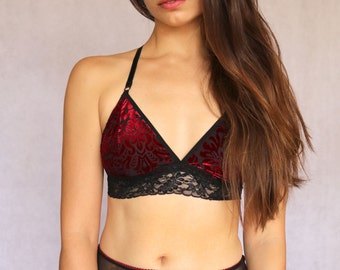 Velvet Bralette. Burgundy and Black Triangle Bralette Top. Luxurious Lingerie. Soft Wireless Bra Top. Racer Back. Lingerie