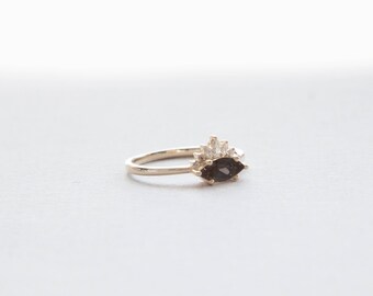 Marquise Black Diamond Ring ,Diamond Engagement Ring, Black Diamond Crown Engagement Ring, Antique Engagement Ring, Vintage Engagement Ring