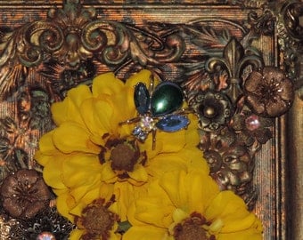 Original Assemblage Art Collage Wall Plaque "A Little Blue Bee" Mixed Media Golden Yellow Flowers Patina Metal