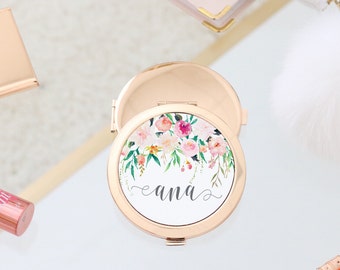 Gold Compact Mirror - Hanging Floral Watercolor Floral Personalized