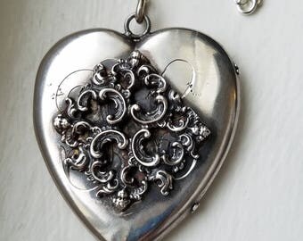 Huge Antique Sterling Silver Heart Locket, Repousse Cherub Personalized Initial Pendant, Sweetheart Heirloom Locket, 28 Inches Chain
