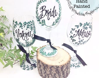 Free Shipping on 7 or more - Hand Painted Bride Maid of Honor Bridesmaid Wedding Shower Wine Glass - Greenery Design