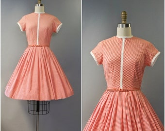 1950's orange gingham cotton dress • small