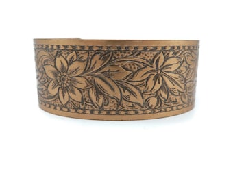 Vintage Copper Cuff Bracelet, Etched, Flower Design