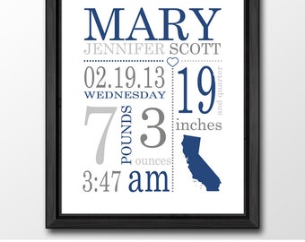 birth announcement navy gray, personalized baby boy gifts, birth stats print, baby boy nursery, new baby boy gift, baby boy room decor