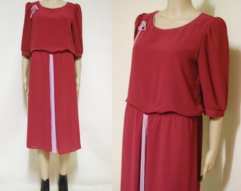 70s Vintage Maroon Dress Mid Length Light Weight Puff Sleeve Sheer Pleated Ribbon Vtg 1970s Retro M-L