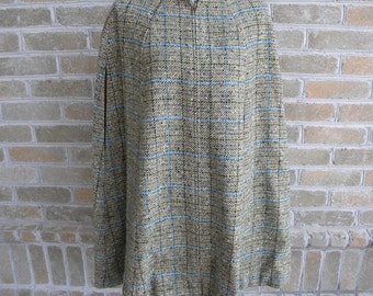 Vintage Pendleton Wool Cape / Deep Green & Gray Tweed with Blue / Made in USA / Transitional Wool Cape / Poncho / S/M