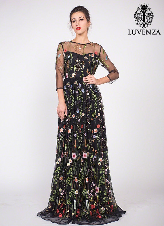 Three Quarter Sleeve Floral Embroidered  Tulle Evening  Gown