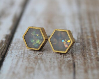 Opal Hexagon Stud Earrings- Brass Frame, Minimalist jewellery, Dainty Earrings, Sparkly Stud Earrings, Opal Studs, Clay Stud Earrings