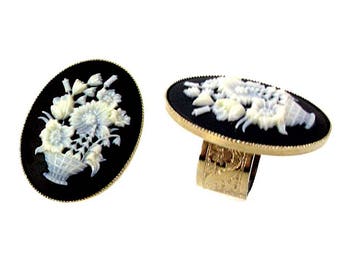 Bague Camélia Noir Vintage Philippe Ferrandis Paris - Taille Réglable 52 à 60, Occasion