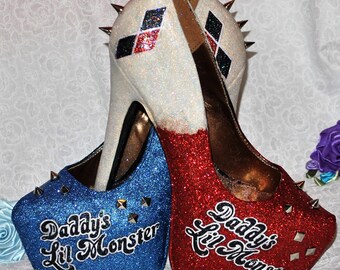 Suicide Squad Daddys Lil Monster Harley Quinn Inspired Cosplay Costume Glitter Heels Shoes High Platform Heel