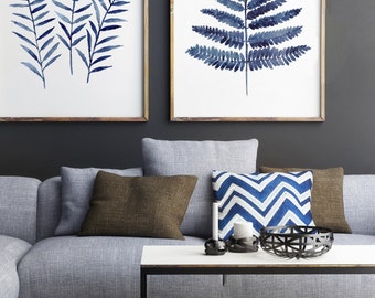 Fern Leaves Navy Blue Poster, Abstract Minimalist Watercolour Painting, Ferns Botanical Shibori Art Print, Kitchen Wall Decor Illustration