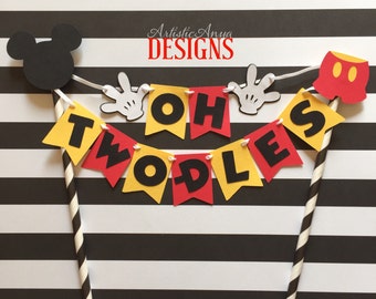 Mickey Mouse Birthday Age Cake Bunting Topper - Oh Two-dles Smash Cake - Mickey Mouse Clubhouse Party - Red Yellow Black White Decorations