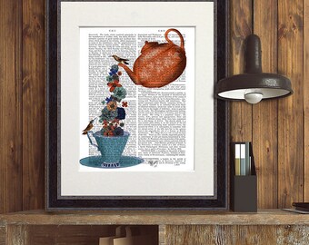 Teapot print & Flowers Orange Blue Teapot drawing teapot illustration teacup print teacup wall art kitchen art hostess gift idea mothers day