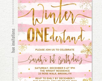 winter ONEderland invitation girl, winter wonderland 1st birthday invitation, pink gold glitter snowflake birthday invitation printable file